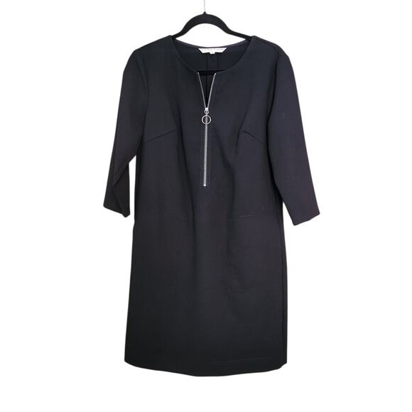 Trina Turk Black Versed Shift Dress, 3/4 sleeve, front half zip, pockets, sz 6 - Picture 1 of 10